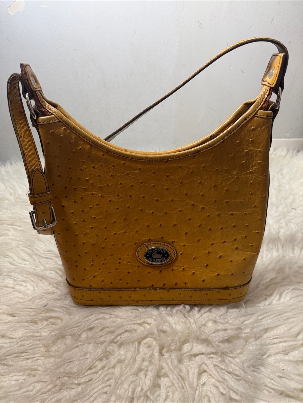Vintage Dooney & Bourke Mustard Yellow Ostrich-Embossed Shoulder Bag